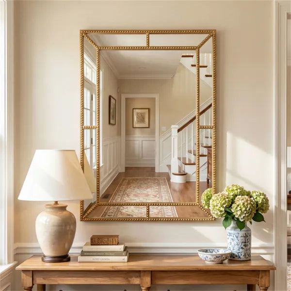 36"x24" Gold Beaded Metal Frame Decorative Wall Mirror, High-Definition Distortion-Free Mirror