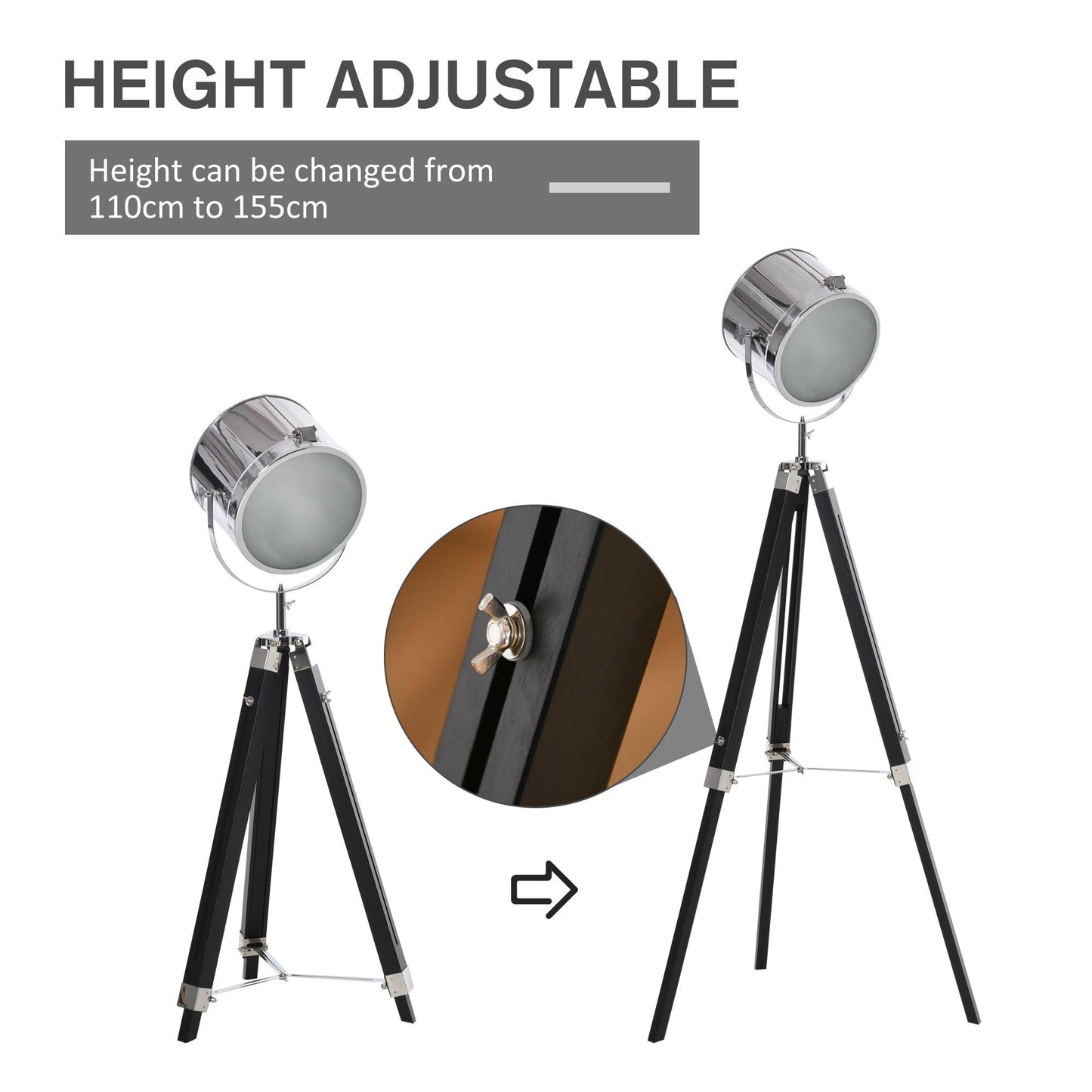 Industrial Style Adjustable Tripod Floor Lamp, Searchlight Lamp With Wooden Legs And Steel Lampshade, 110-155cm, Black