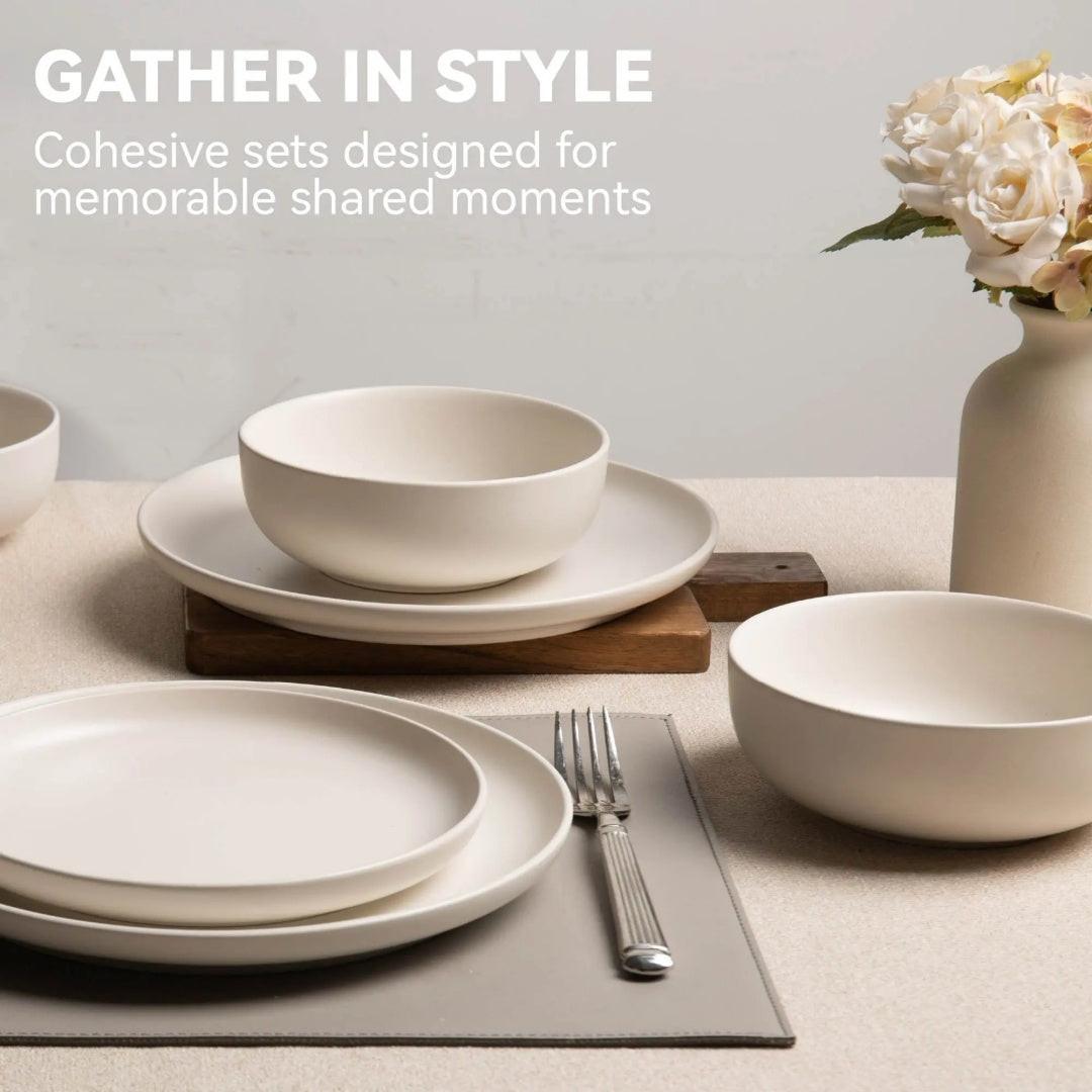 12-Piece Stoneware Dinnerware Sets With Mugs Microwave Dishwasher Safe Non-Toxic Dinner Plates Bowls Set Stackable Matte Glaze Kitchenware For 3