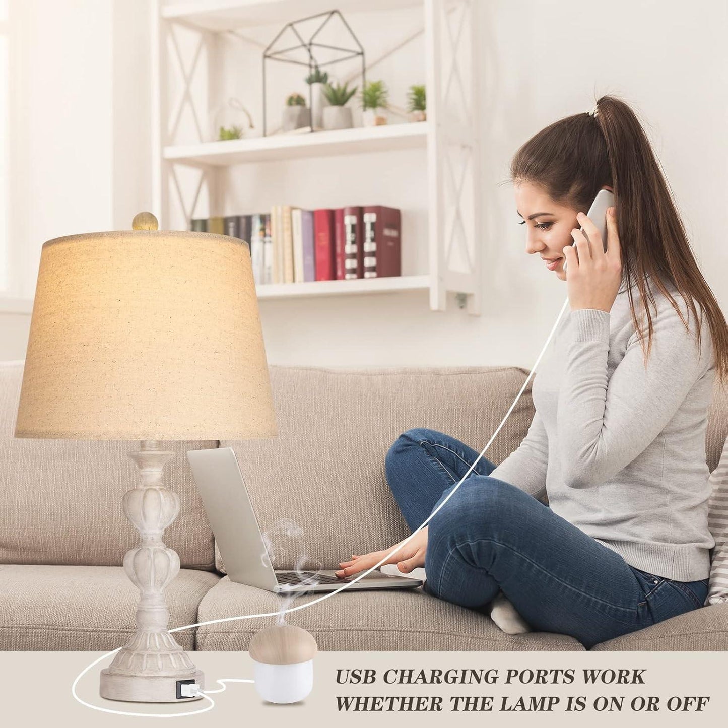 Touch Control Coastal Farmhouse Table Lamp Set Of 2, 3-Way Dimmable Bedside Lamp With 2 USB Charging Ports, French Country Style Nightstand Lamp For Living Room, Bedroom - Washed White.