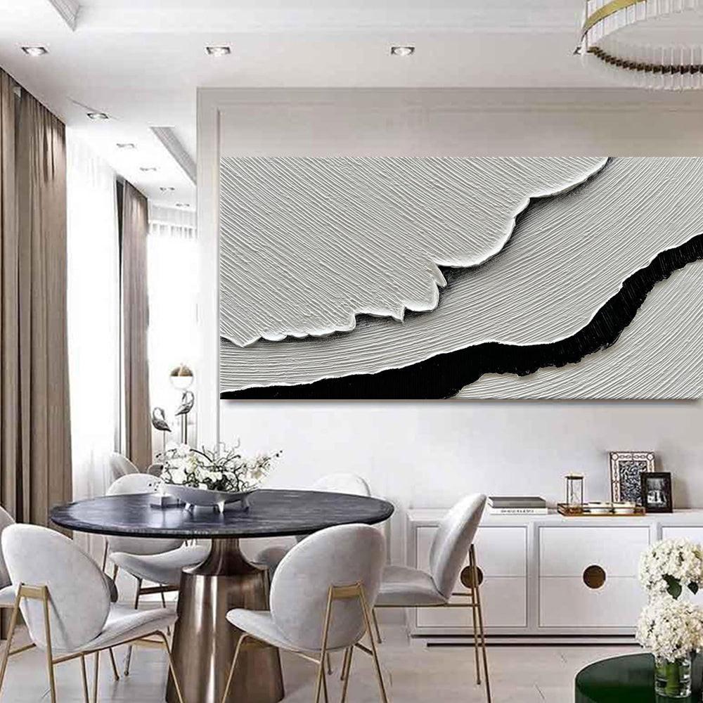 Black White Sea Waves Abstract Paintings Hand-painted Wall Art Horizontal Oil Painting Textured Art Home Living Room Bedroom Decor.