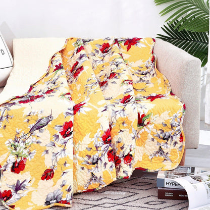 DaDa Bedding Yellow Floral Quilted Throw Blanket - Scalloped Edges with Hourglass Stitching