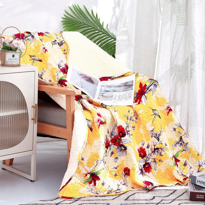 DaDa Bedding Yellow Floral Quilted Throw Blanket - Scalloped Edges with Hourglass Stitching