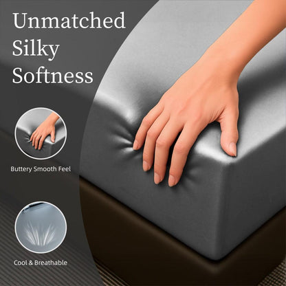 Satin Bed Sheets, Full Size Sheets Set, 4 Pcs Silky Bedding Set With 15 Inches Deep Pocket For Mattress Full, Grey
