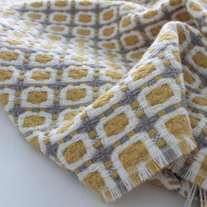 Pastoral Style Yellow Knitted Houndstooth Wool Blanket