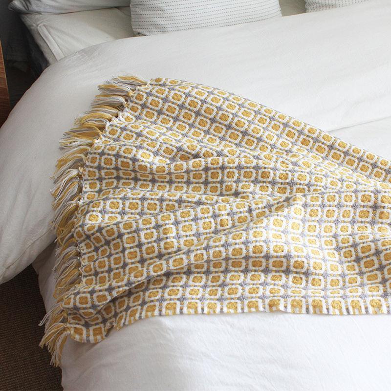 Pastoral Style Yellow Knitted Houndstooth Wool Blanket