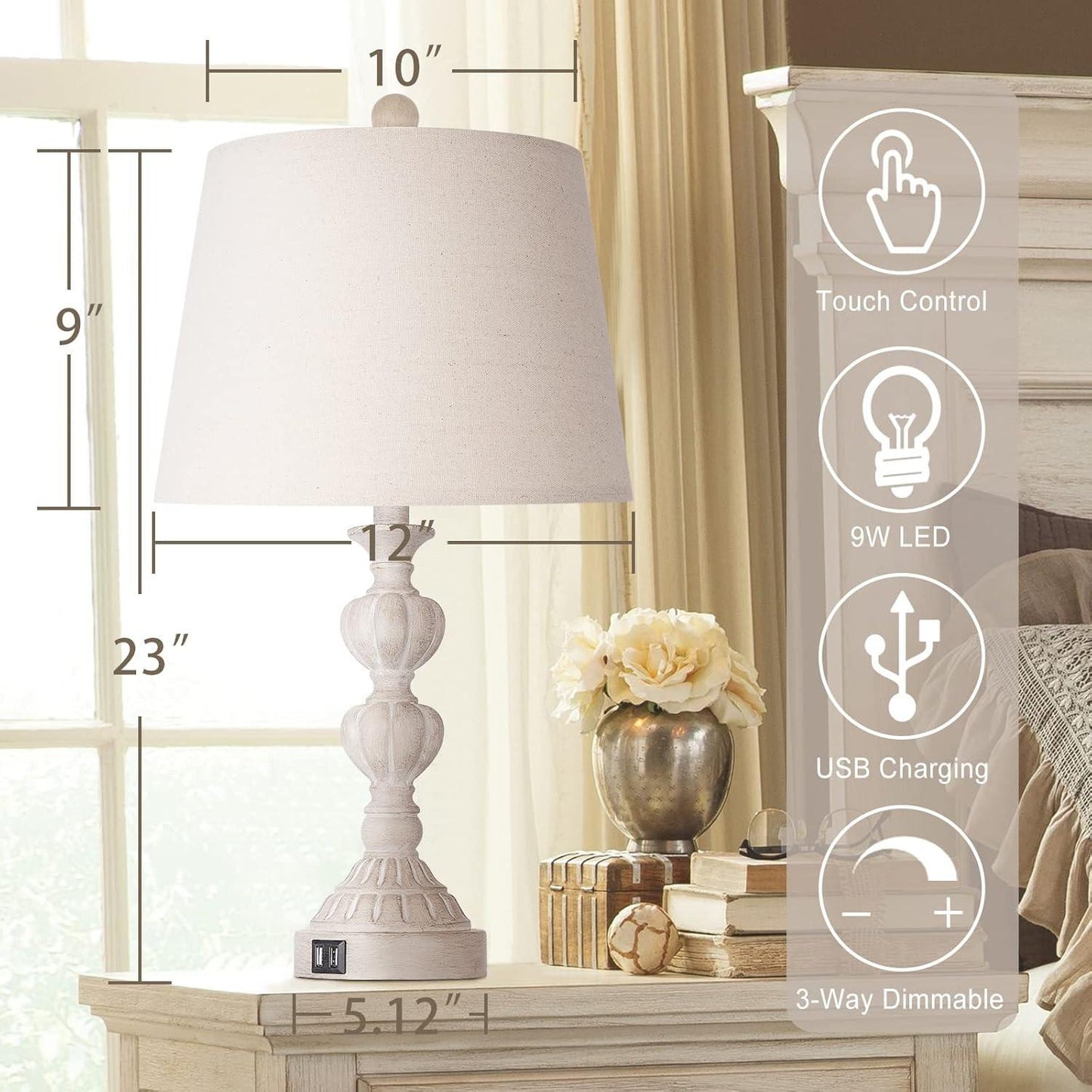 Touch Control Coastal Farmhouse Table Lamp Set Of 2, 3-Way Dimmable Bedside Lamp With 2 USB Charging Ports, French Country Style Nightstand Lamp For Living Room, Bedroom - Washed White.