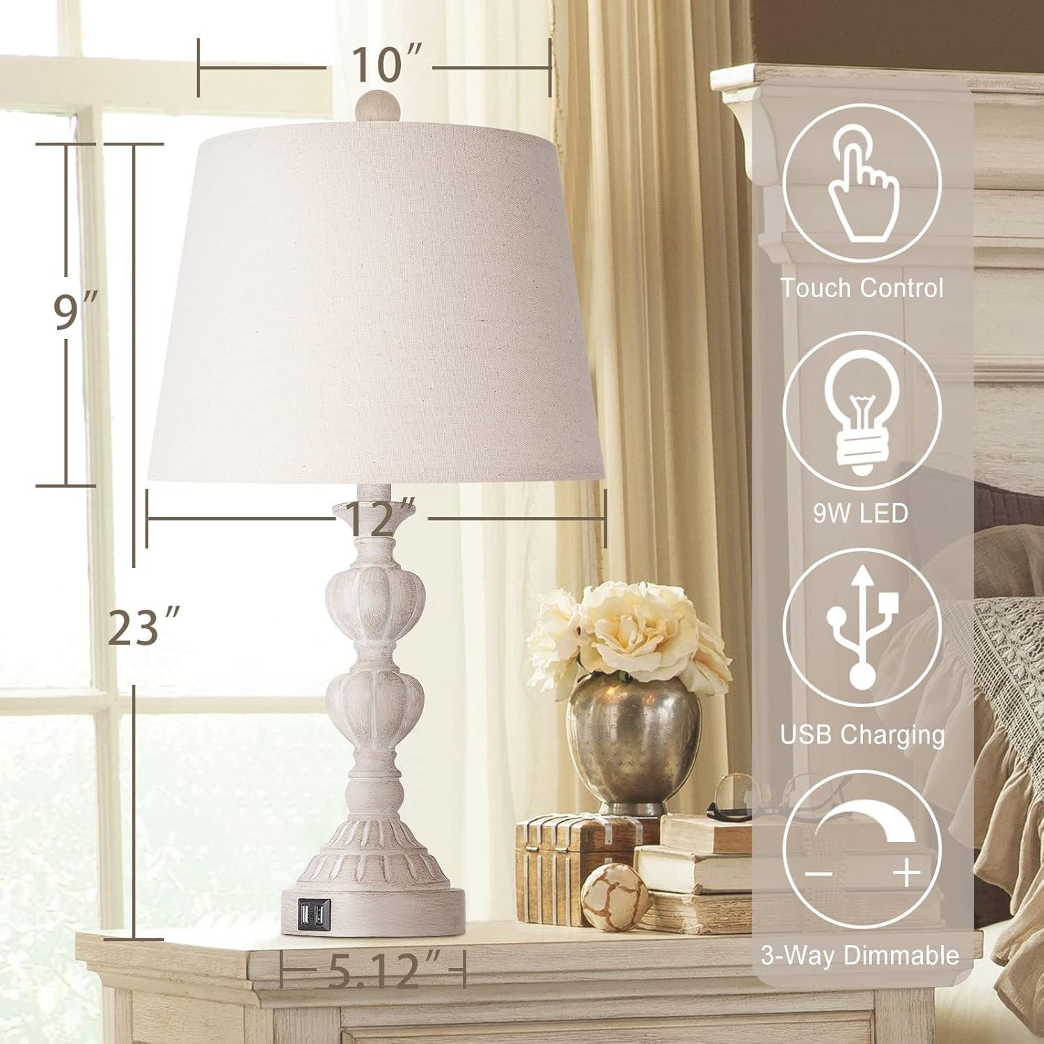 Touch Control Coastal Farmhouse Table Lamp Set Of 2, 3-Way Dimmable Bedside Lamp With 2 USB Charging Ports, French Country Style Nightstand Lamp For Living Room, Bedroom - Washed White.