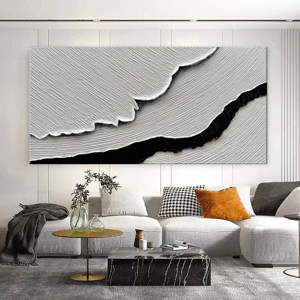 Black White Sea Waves Abstract Paintings Hand-painted Wall Art Horizontal Oil Painting Textured Art Home Living Room Bedroom Decor.