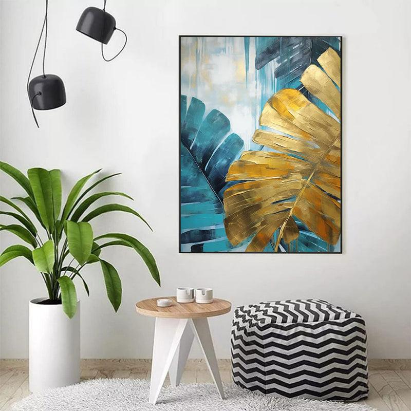 Handmade Oil Painting Canvas Wall Art Decoration Green And Golden Banana Large Leaves For Home Decor Rolled Frameless Unstretched Painting.
