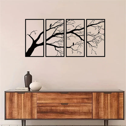 Modern Aluminum Tree Branch and Flying Bird Four-Piece Wall Art Minimalist Nature Theme Home Decor