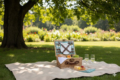 Wicker Picnic Basket Set For 2 Gingham Liner, Plates & Cutlery