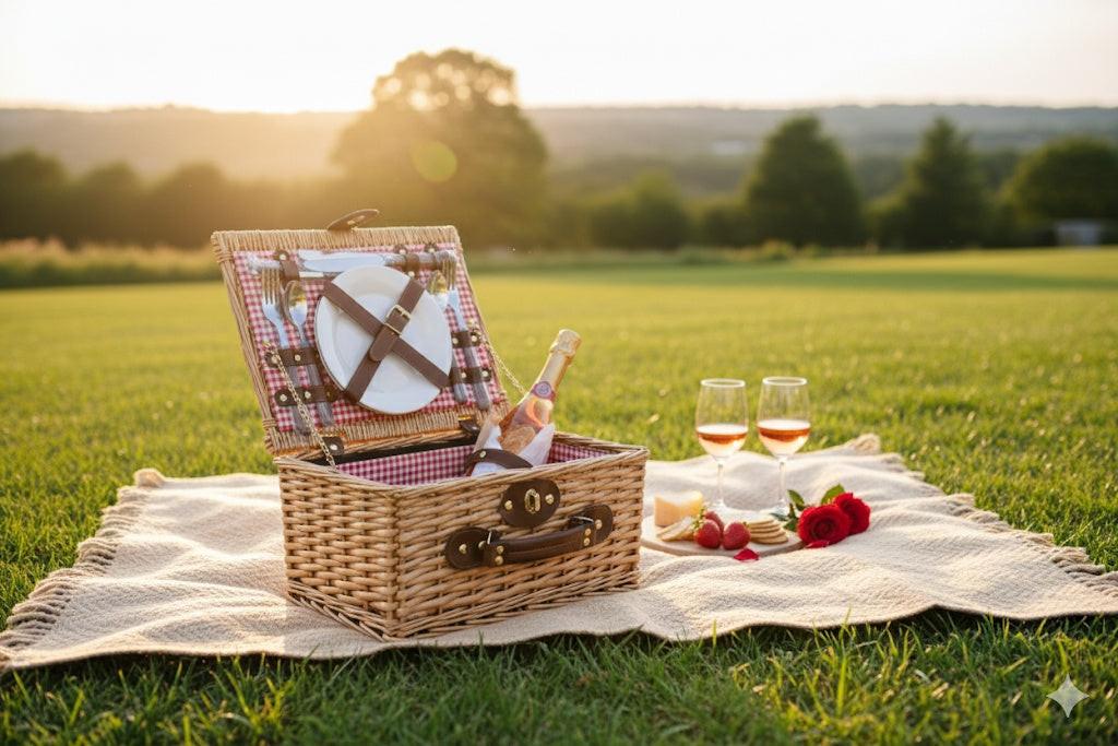 Wicker Picnic Basket Set For 2 Gingham Liner, Plates & Cutlery
