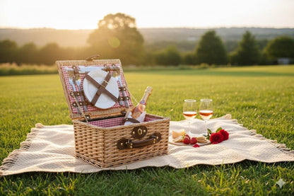 Wicker Picnic Basket Set For 2 Gingham Liner, Plates & Cutlery