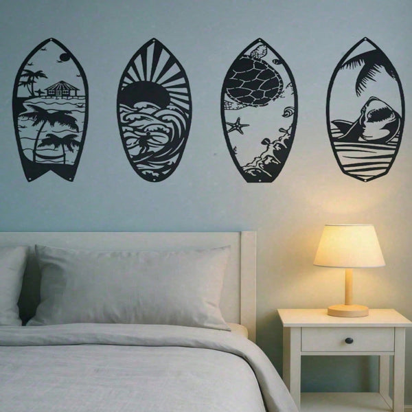 4 Piece Metal Surfboard Wall Art, Coastal Beach House Decor Modern Sculpture for Living Room Bedroom Kitchen - Gift.