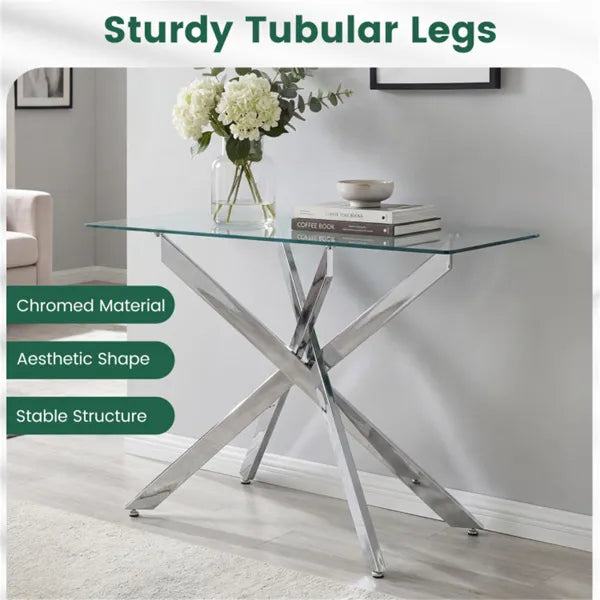 45 Inch Tempered Glass Entryway Table, Silver Chrome Metal Console Table With Adjustable Feet For Home Decor.