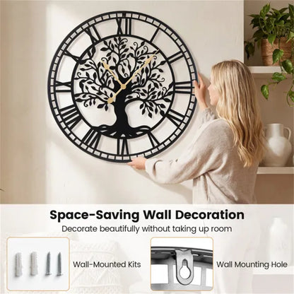 Black Tree Of Life Decorative Wall Clock, 27' Non-Ticking Quartz Movement Easy To Read