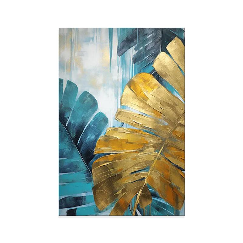Handmade Oil Painting Canvas Wall Art Decoration Green And Golden Banana Large Leaves For Home Decor Rolled Frameless Unstretched Painting.