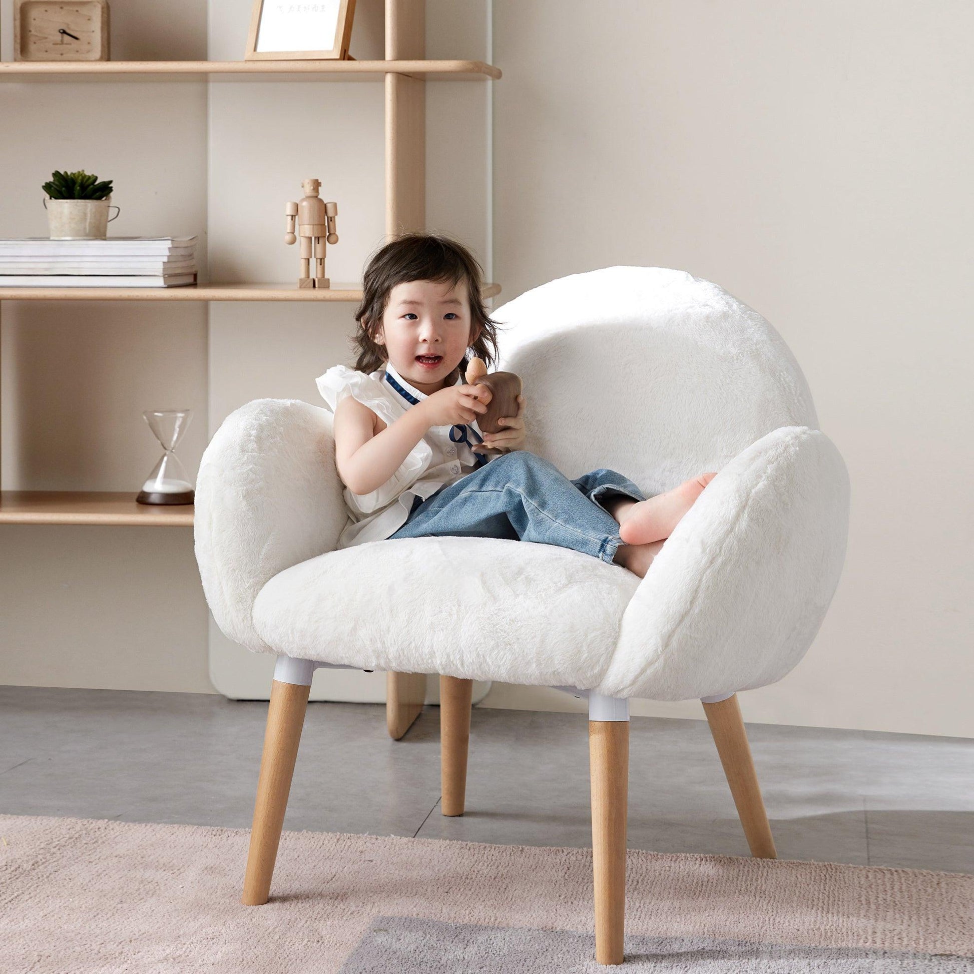 Cozy chair featuring Beech wood frame and soft faux lamb fabric upholstery, ideal for comfortable seating.