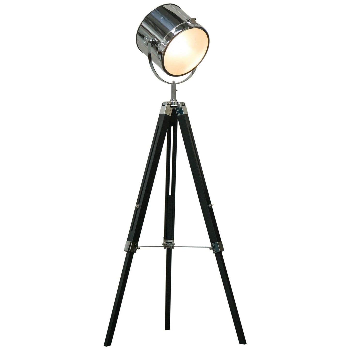 Industrial Style Adjustable Tripod Floor Lamp, Searchlight Lamp With Wooden Legs And Steel Lampshade, 110-155cm, Black