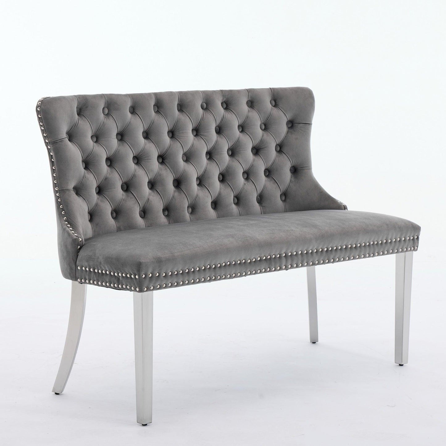 Gray Velvet Dining Loveseat Bench, Kitchen & Dining Seating, 2-Seat Tufted Bench w/ Handmade Buttons, Wing Back, Brushed Silver Stainless Steel Legs, Mid Century Modern.
