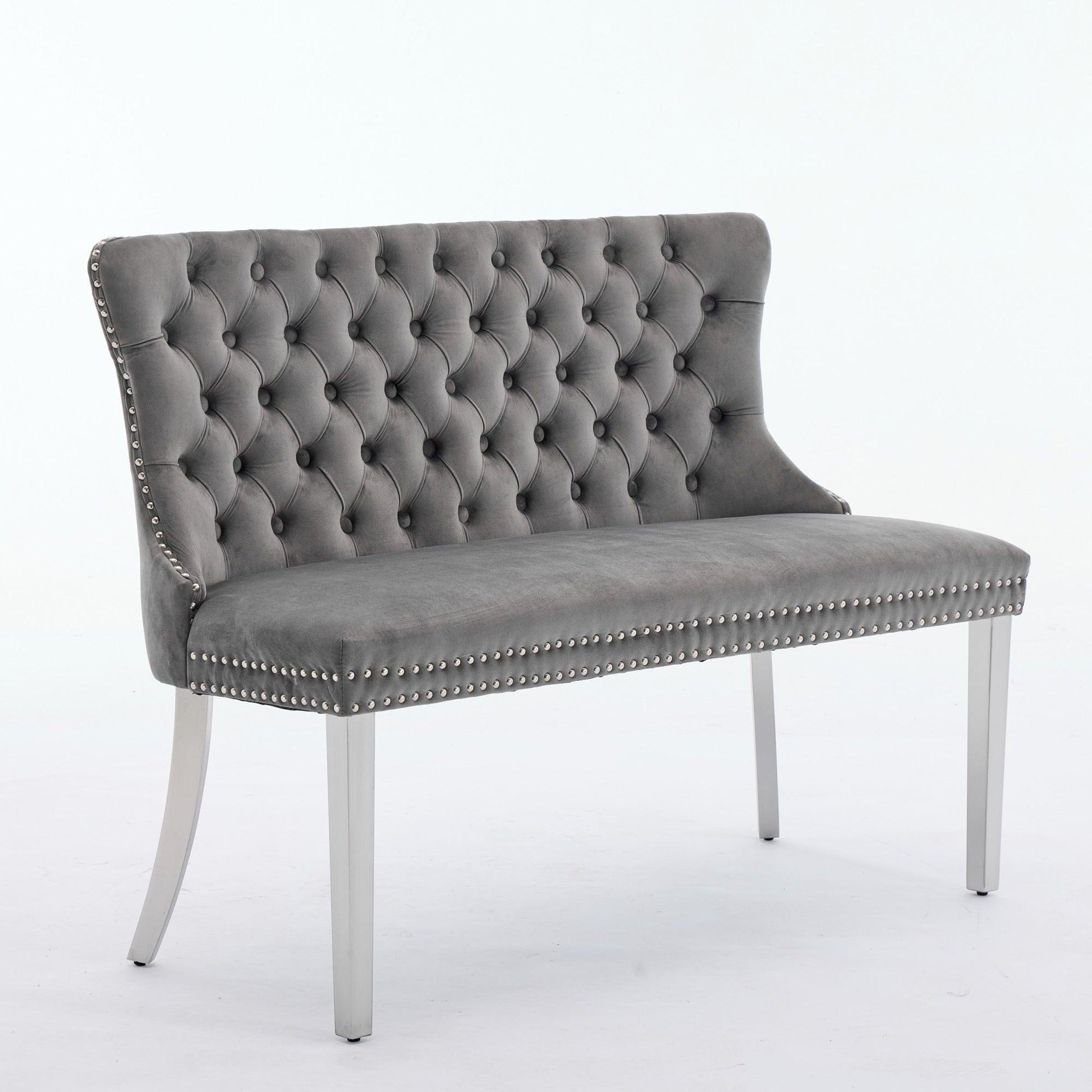 Gray Velvet Dining Loveseat Bench, Kitchen & Dining Seating, 2-Seat Tufted Bench w/ Handmade Buttons, Wing Back, Brushed Silver Stainless Steel Legs, Mid Century Modern.