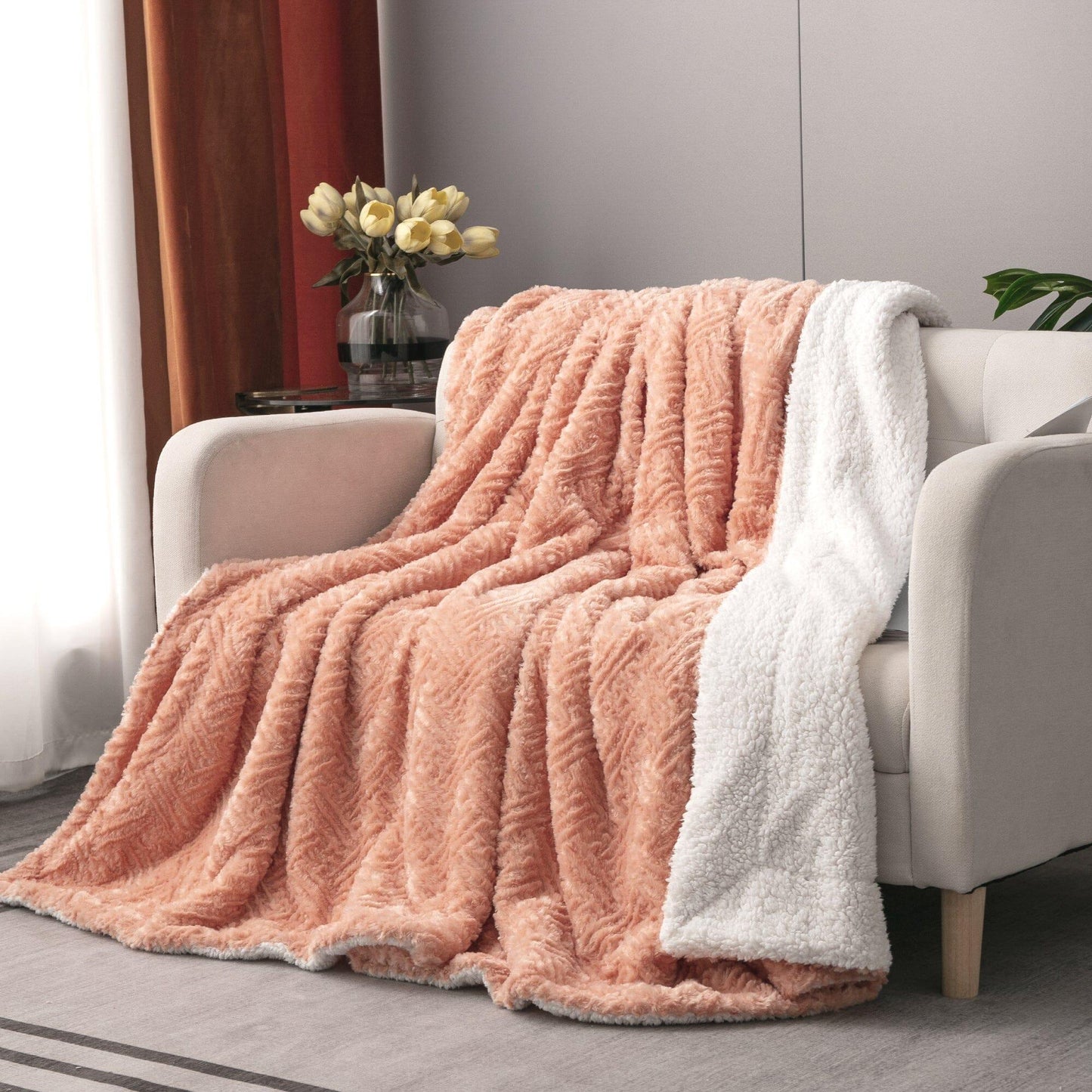 DaDa Bedding Coral Peach + Rose Faux Fur Throw Blanket