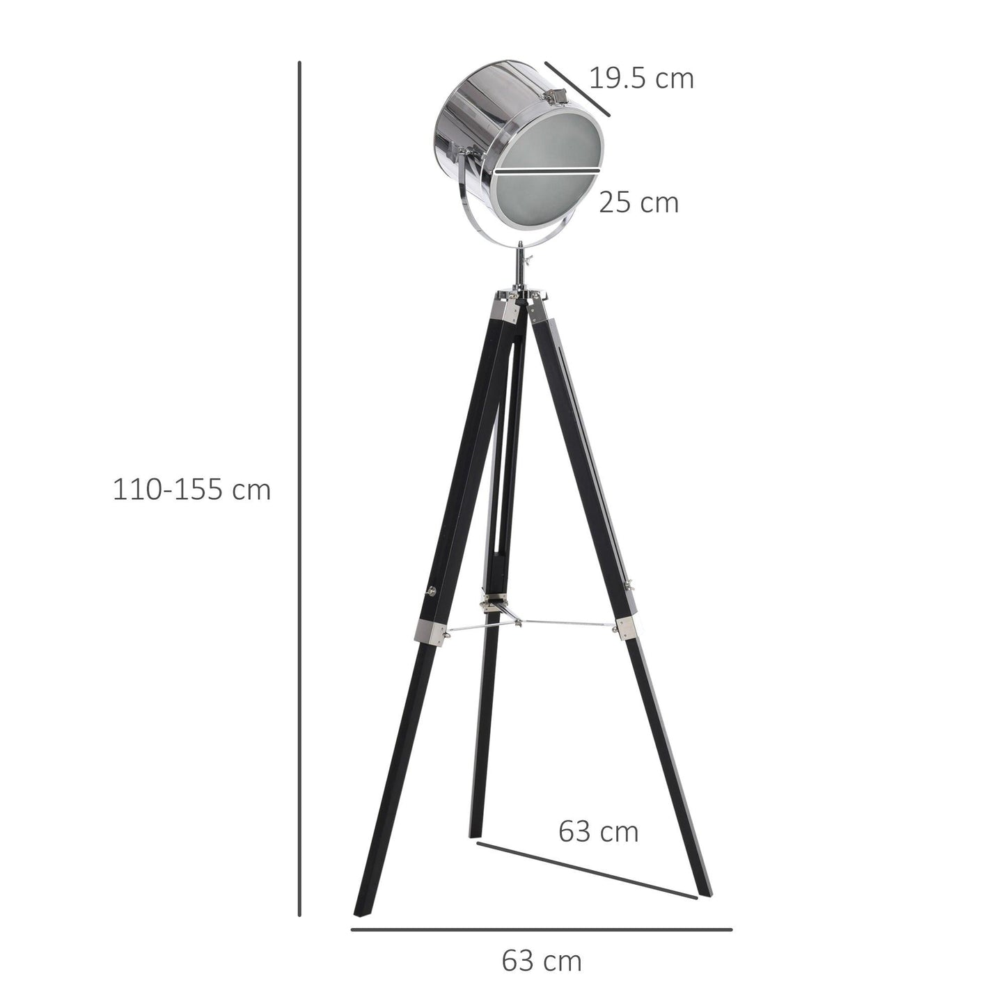 Industrial Style Adjustable Tripod Floor Lamp, Searchlight Lamp With Wooden Legs And Steel Lampshade, 110-155cm, Black
