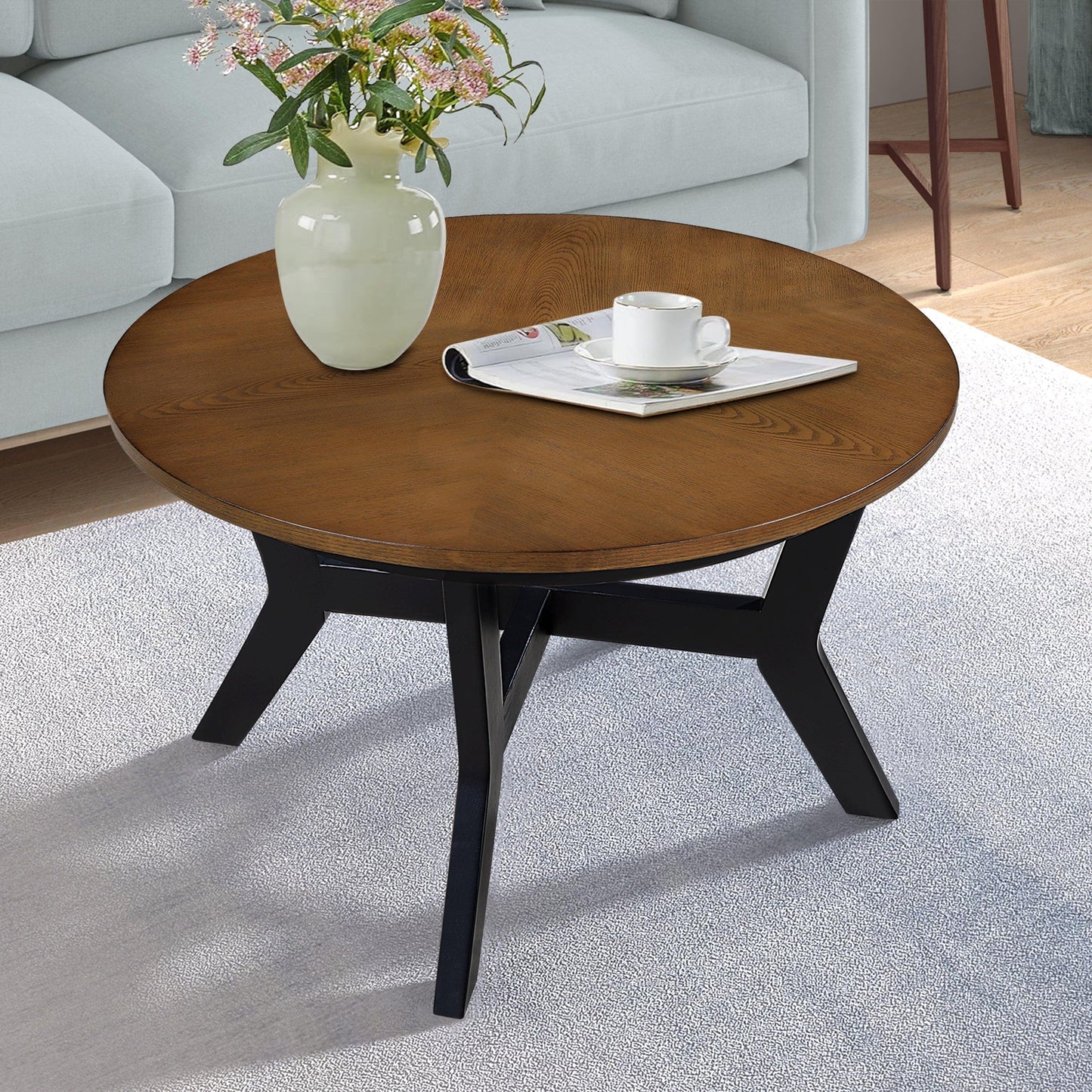 32inch Wood Round Coffee Table for Living Room, Mid Century Farmhouse
