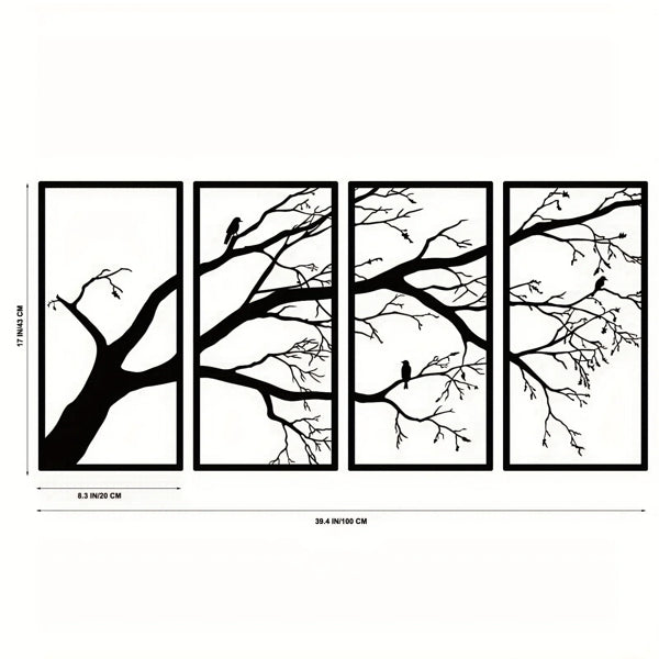 Modern Aluminum Tree Branch and Flying Bird Four-Piece Wall Art Minimalist Nature Theme Home Decor