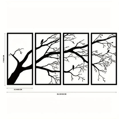 Modern Aluminum Tree Branch and Flying Bird Four-Piece Wall Art Minimalist Nature Theme Home Decor