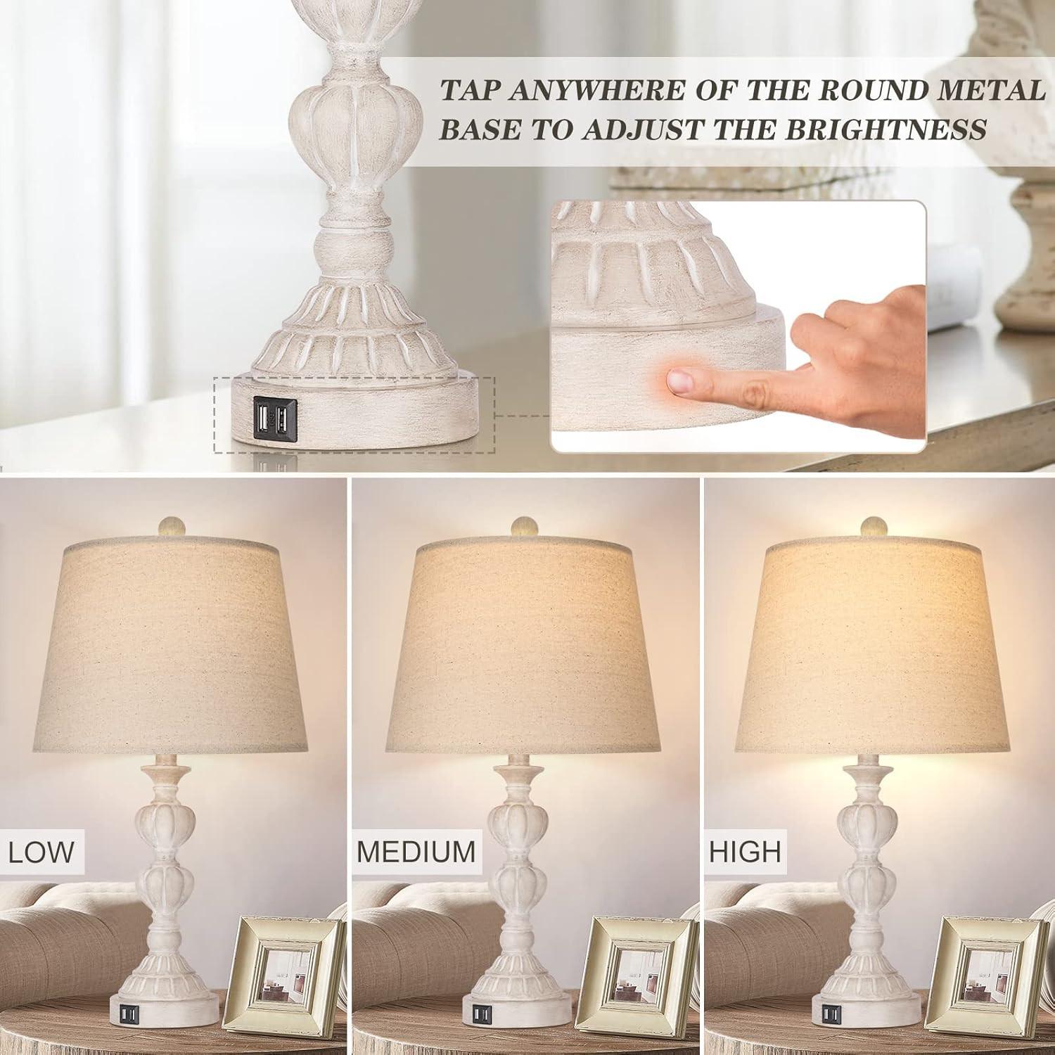 Touch Control Coastal Farmhouse Table Lamp Set Of 2, 3-Way Dimmable Bedside Lamp With 2 USB Charging Ports, French Country Style Nightstand Lamp For Living Room, Bedroom - Washed White.