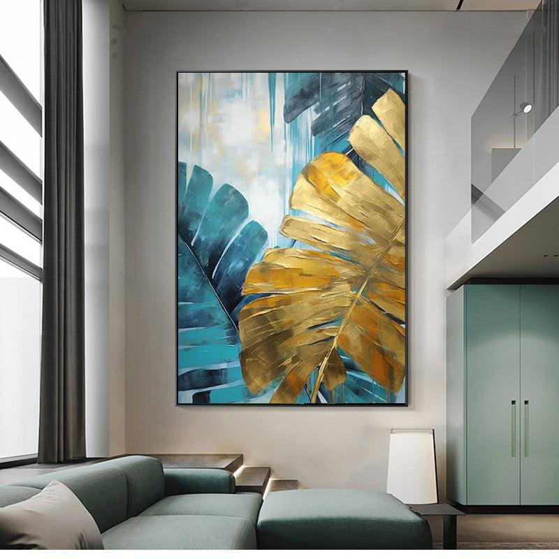 Handmade Oil Painting Canvas Wall Art Decoration Green And Golden Banana Large Leaves For Home Decor Rolled Frameless Unstretched Painting.