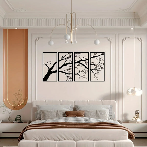 Modern Aluminum Tree Branch and Flying Bird Four-Piece Wall Art Minimalist Nature Theme Home Decor