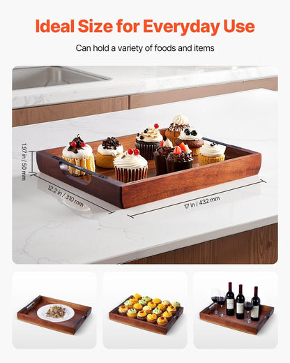 Serving Tray 17x12.2 Inch Acacia Food Serving Table Laptop Desk With Handles