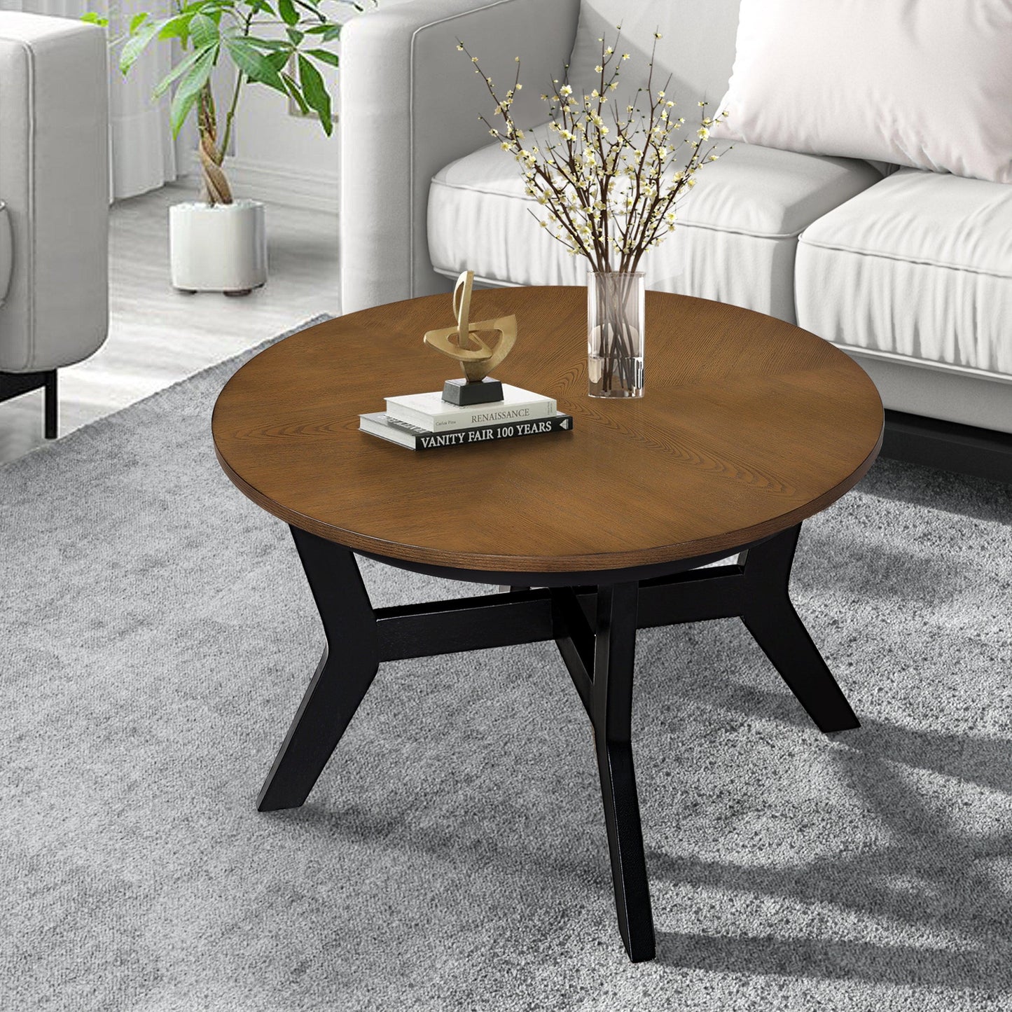 32inch Wood Round Coffee Table for Living Room, Mid Century Farmhouse