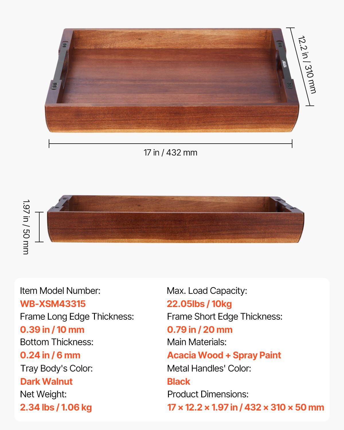 Serving Tray 17x12.2 Inch Acacia Food Serving Table Laptop Desk With Handles