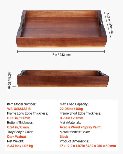 Serving Tray 17x12.2 Inch Acacia Food Serving Table Laptop Desk With Handles