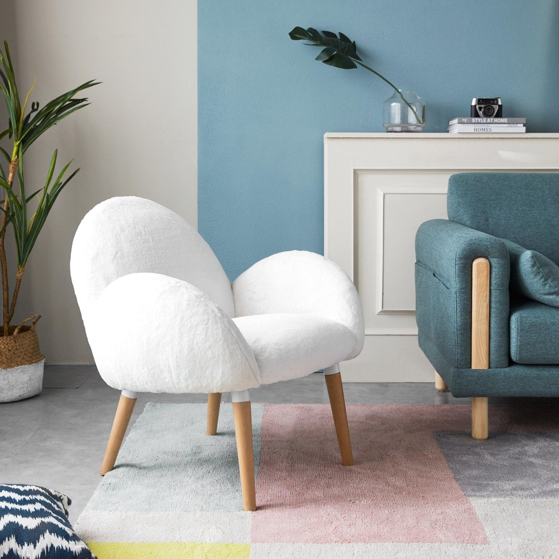 Cozy chair featuring Beech wood frame and soft faux lamb fabric upholstery, ideal for comfortable seating.