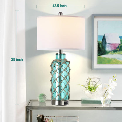 Cottage Nautical Accent Table Lamp Set Of 2, Touch Control Coastal Blue Green Glass Rope Net Bedside Lamp With 2 USB Ports, 3-Way Dimmable Nightstand Lamps With White Shade For Living Room, Bedroom