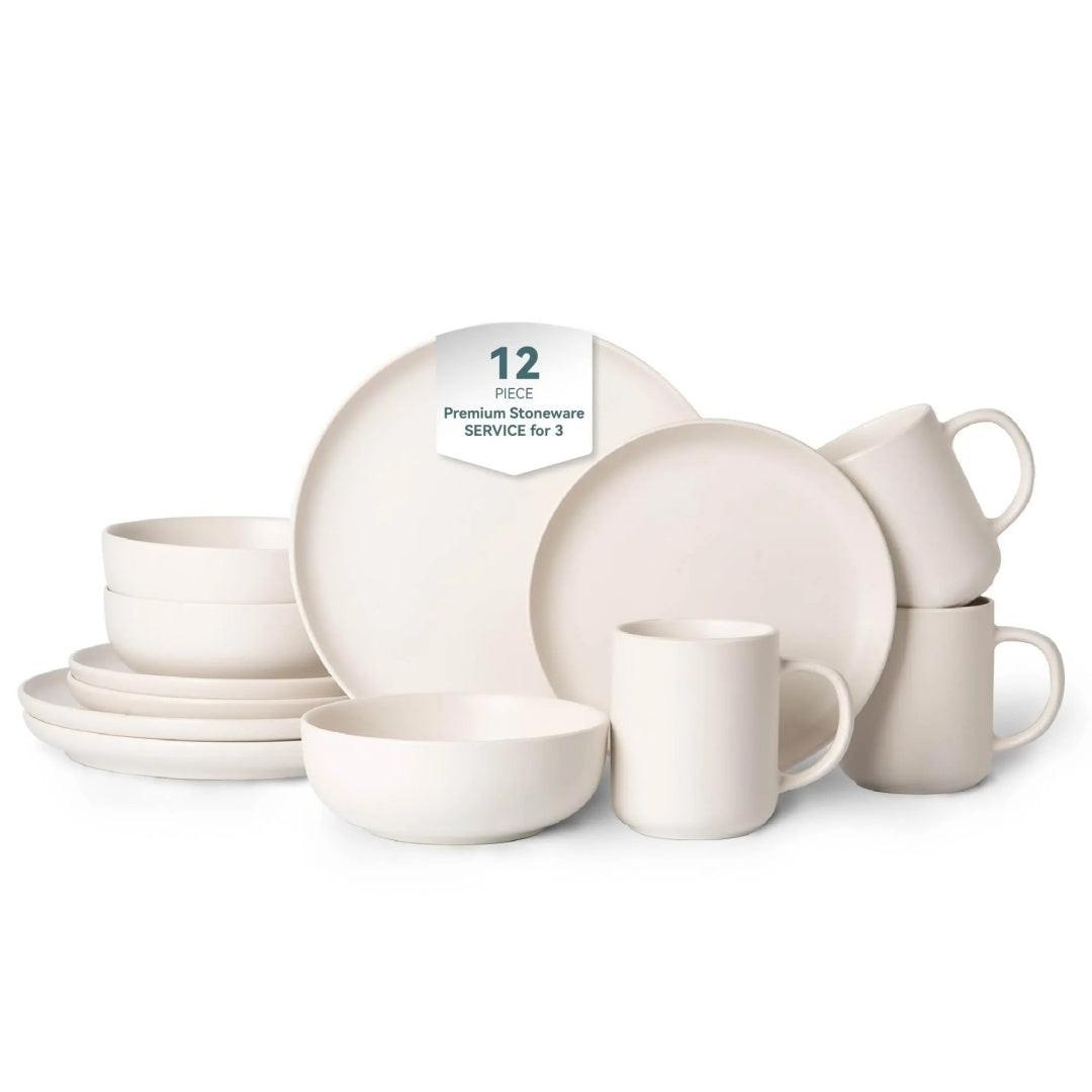 12-Piece Stoneware Dinnerware Sets With Mugs  Microwave  Dishwasher Safe  Non-Toxic Dinner Plates Bowls Set  Stackable Matte Glaze Kitchenware For 3