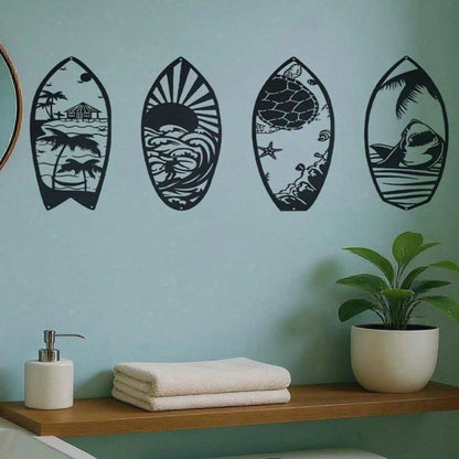 4 Piece Metal Surfboard Wall Art, Coastal Beach House Decor Modern Sculpture for Living Room Bedroom Kitchen - Gift.