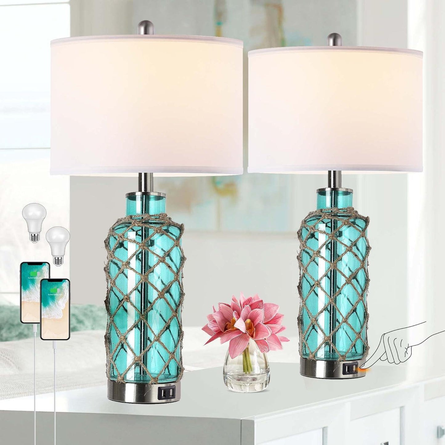Cottage Nautical Accent Table Lamp Set Of 2, Touch Control Coastal Blue Green Glass Rope Net Bedside Lamp With 2 USB Ports, 3-Way Dimmable Nightstand Lamps With White Shade For Living Room, Bedroom