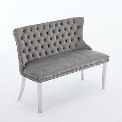 Gray Velvet Dining Loveseat Bench, Kitchen & Dining Seating, 2-Seat Tufted Bench w/ Handmade Buttons, Wing Back, Brushed Silver Stainless Steel Legs, Mid Century Modern.