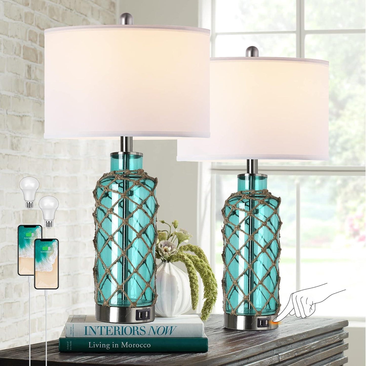 Cottage Nautical Accent Table Lamp Set Of 2, Touch Control Coastal Blue Green Glass Rope Net Bedside Lamp With 2 USB Ports, 3-Way Dimmable Nightstand Lamps With White Shade For Living Room, Bedroom