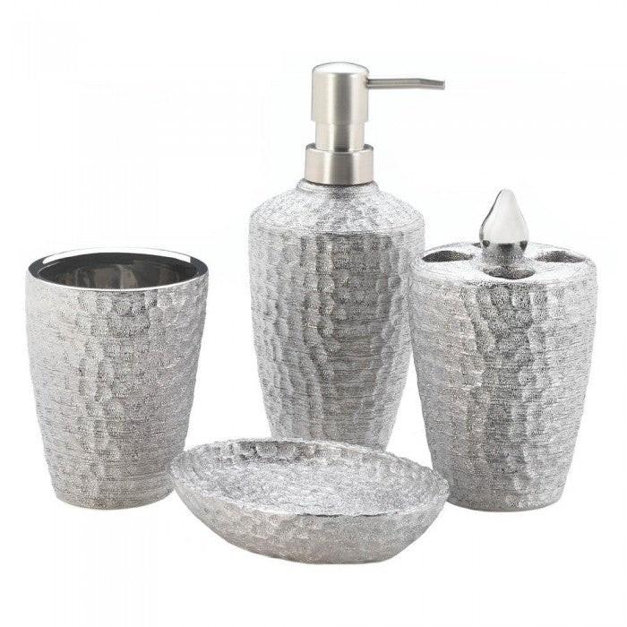 Hammered Metallic Porcelain Luxe Bath Set, Textured Silver