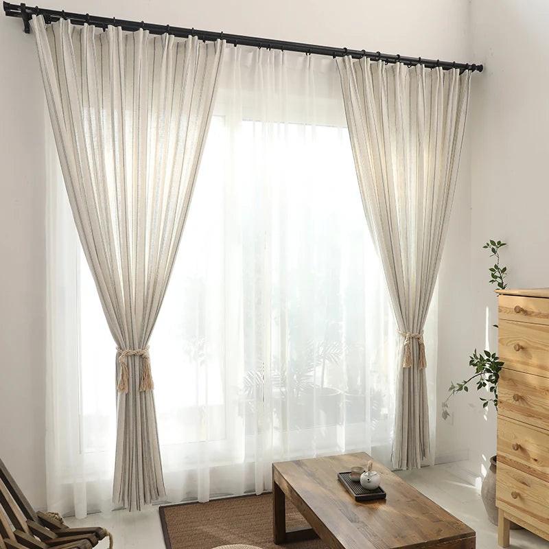 Linen Cotton Stripe Curtain for Living Room, Linen Bedroom Curtain Window Drapes