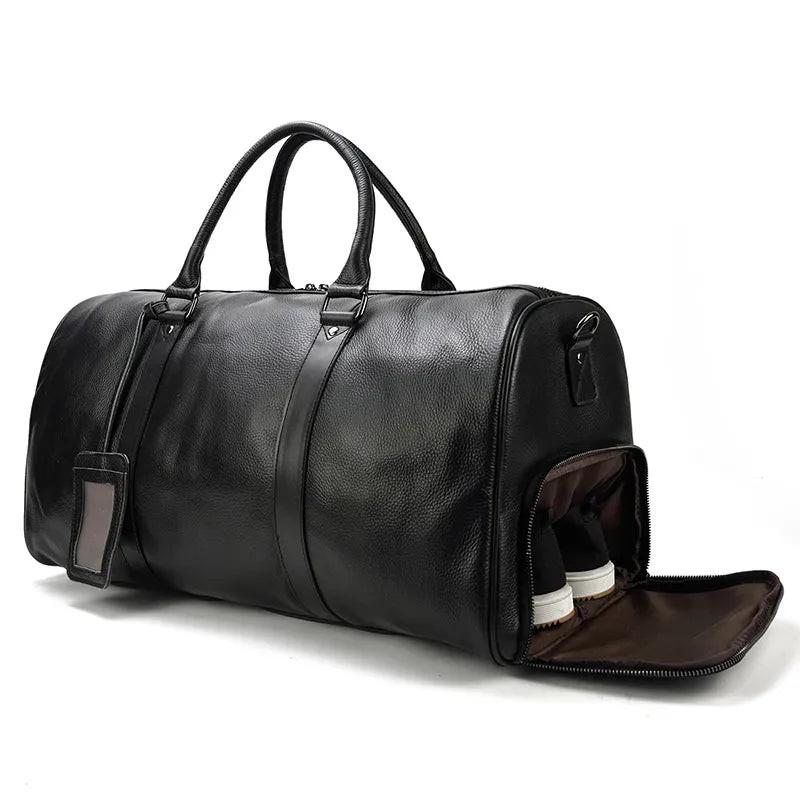 Premium cowskin travel bag showcasing durable craftsmanship and stylish design for sophisticated travelers.