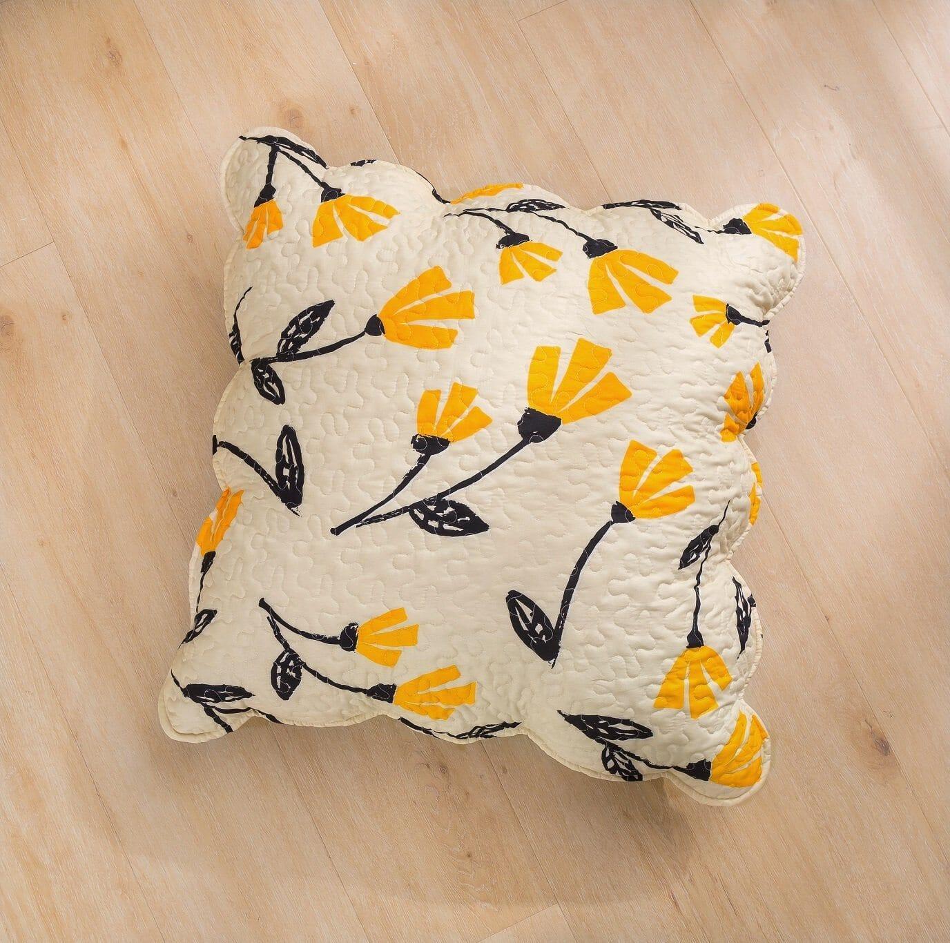 DaDa Bedding Yellow Fleur - Golden Orange + Ivory Cream Scalloped Pillow Cover