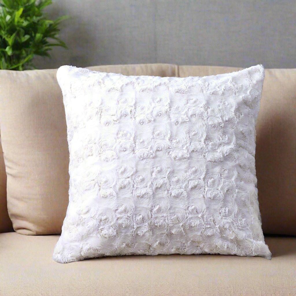 DaDa Bedding Luxury White Roses + Swirls Faux Fur Euro Throw Pillow Cover